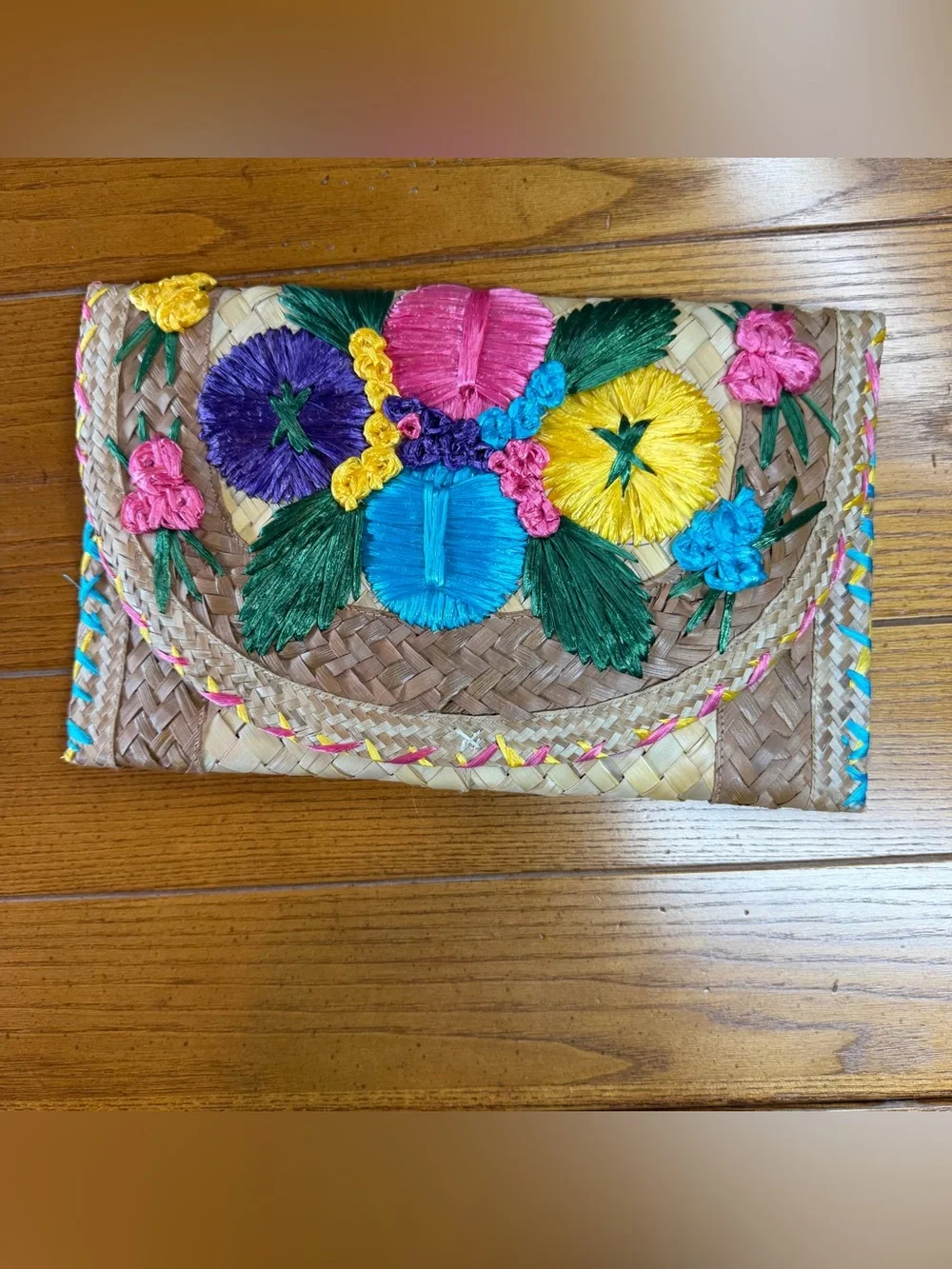 Vintage Straw Raffia Floral Embroidered Clutch – Handmade Boho Envelope Purse